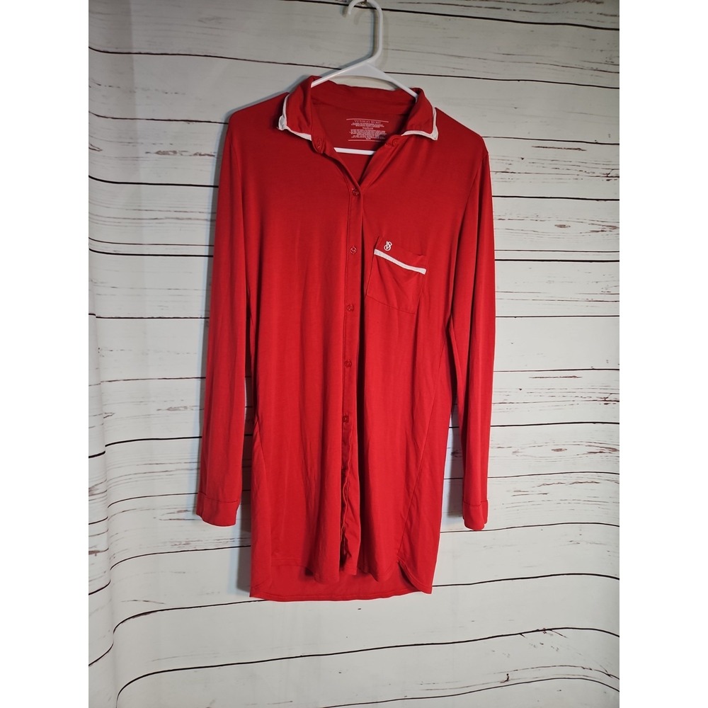 Victorias Secret Red Modal Long Sleeve Button Front Nightshirt Sleep Dress XS